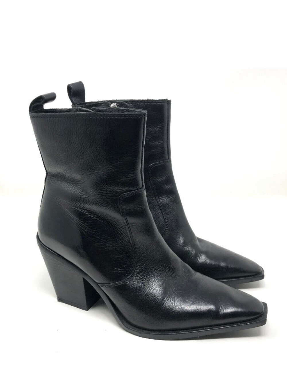 New Mango MNG Leather Pointed Toe Ankle Boots Womens 7.5 38 Block Heel Cowboy